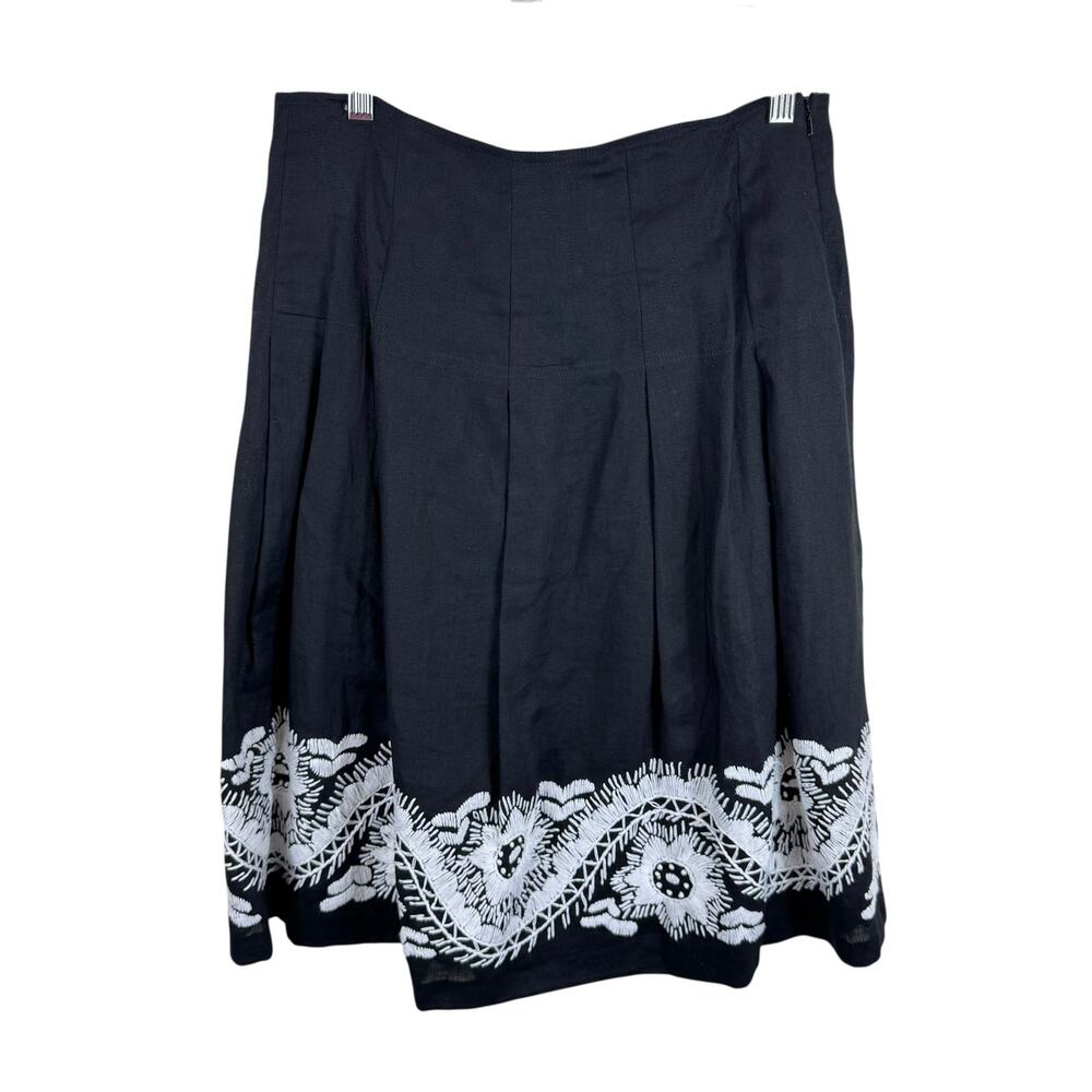 Isda & Co 100% Linen Black White Embroidered Knee Length A-Line Pleated Skirt 8